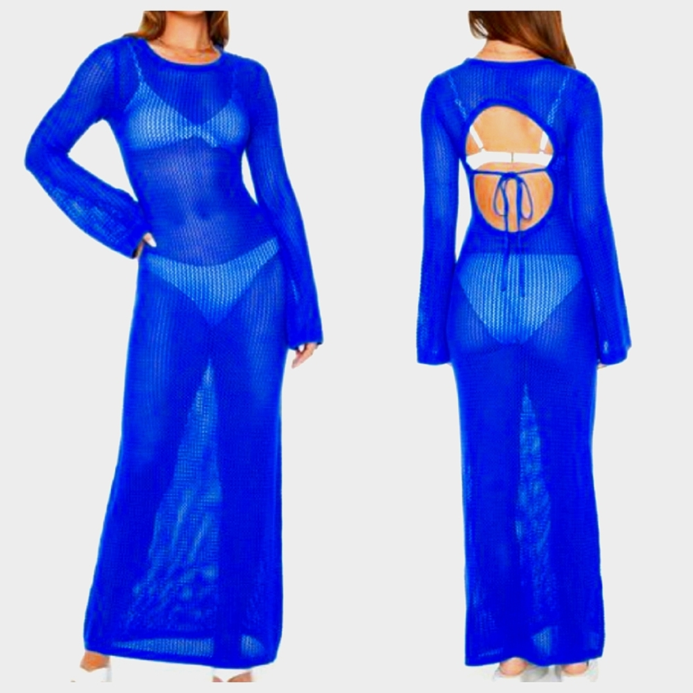 NWT Forever 21 Women's Blue Long Sleeve cutout crochet Maxi Dress Size small
